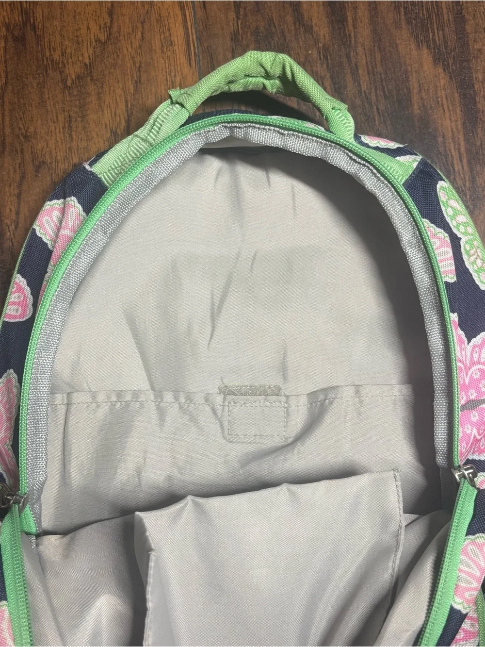 Pottery Barn Large “Reagan” Navy Backpack with Pink Butterflies & Green Trim